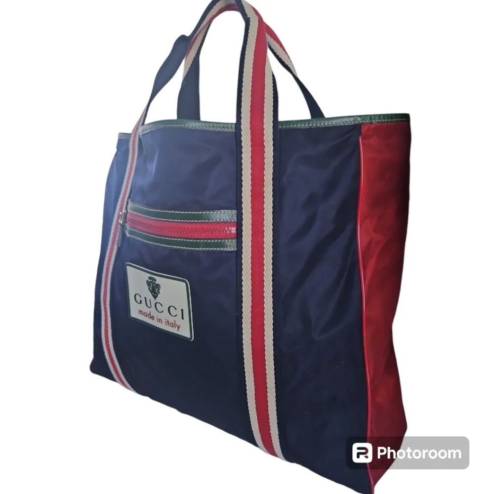 Gucci Vintage Nylon Tote Bag Blue Red Cream NWOT - Picture 5 of 14